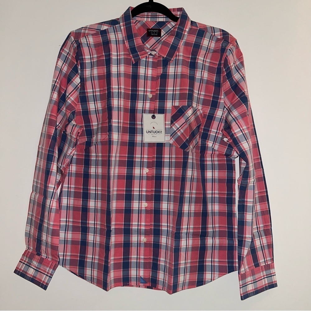 UNTUCKit Women’s Red & Blue Checkered Long Sleeve Button Down Shirt Size 14 NWT